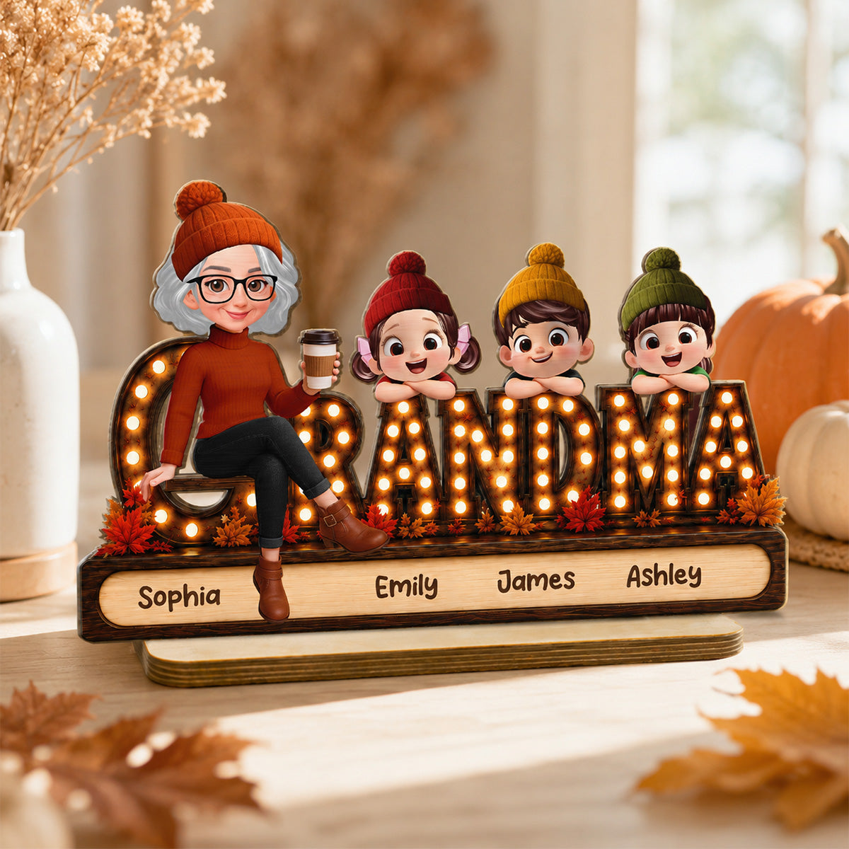 Grandma Grandkids Marquee 2D Flat - Personalized Wooden Plaque - Cozy Fall Season Gift