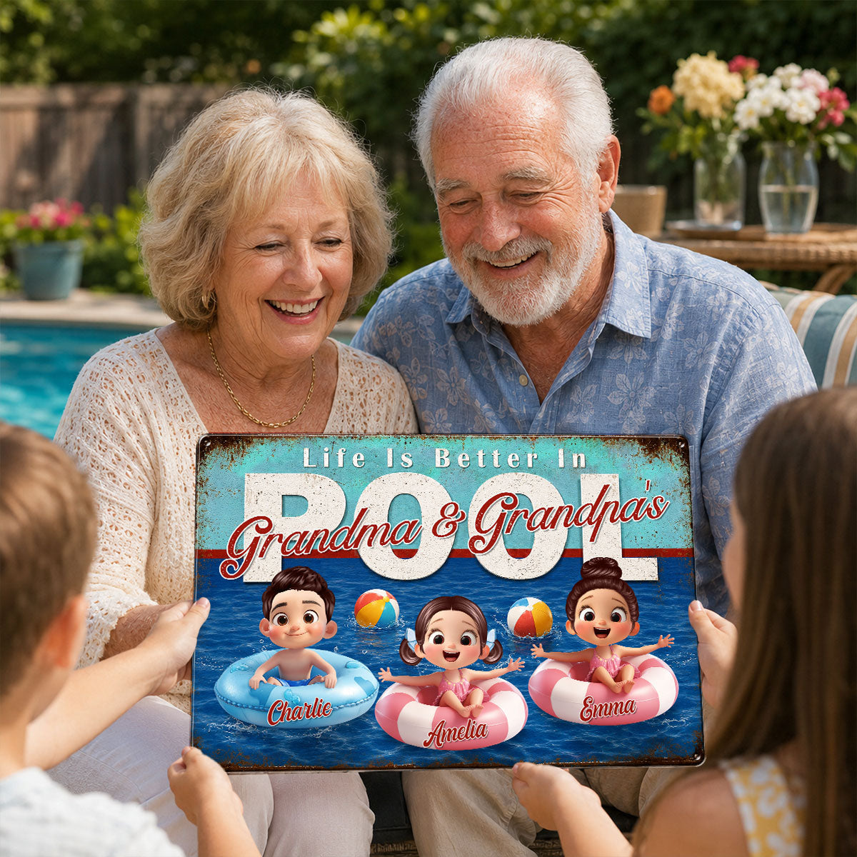Life is Better in Grandma Grandpa's Pool - Personalized Metal Sign - Summer Decor Gift for Grandma, Grandparents