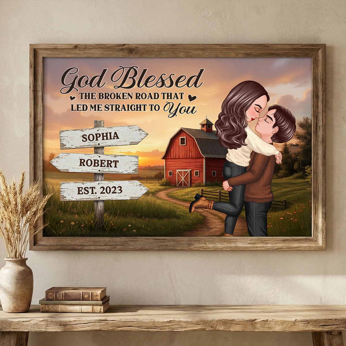 Rustic Nostalgia Red Barn House Sign Posts Couple Hugging Kissing Farmhouse Decor - Personalized Poster - Heartfelt Valentine, Anniversary Gift For Him, For Her