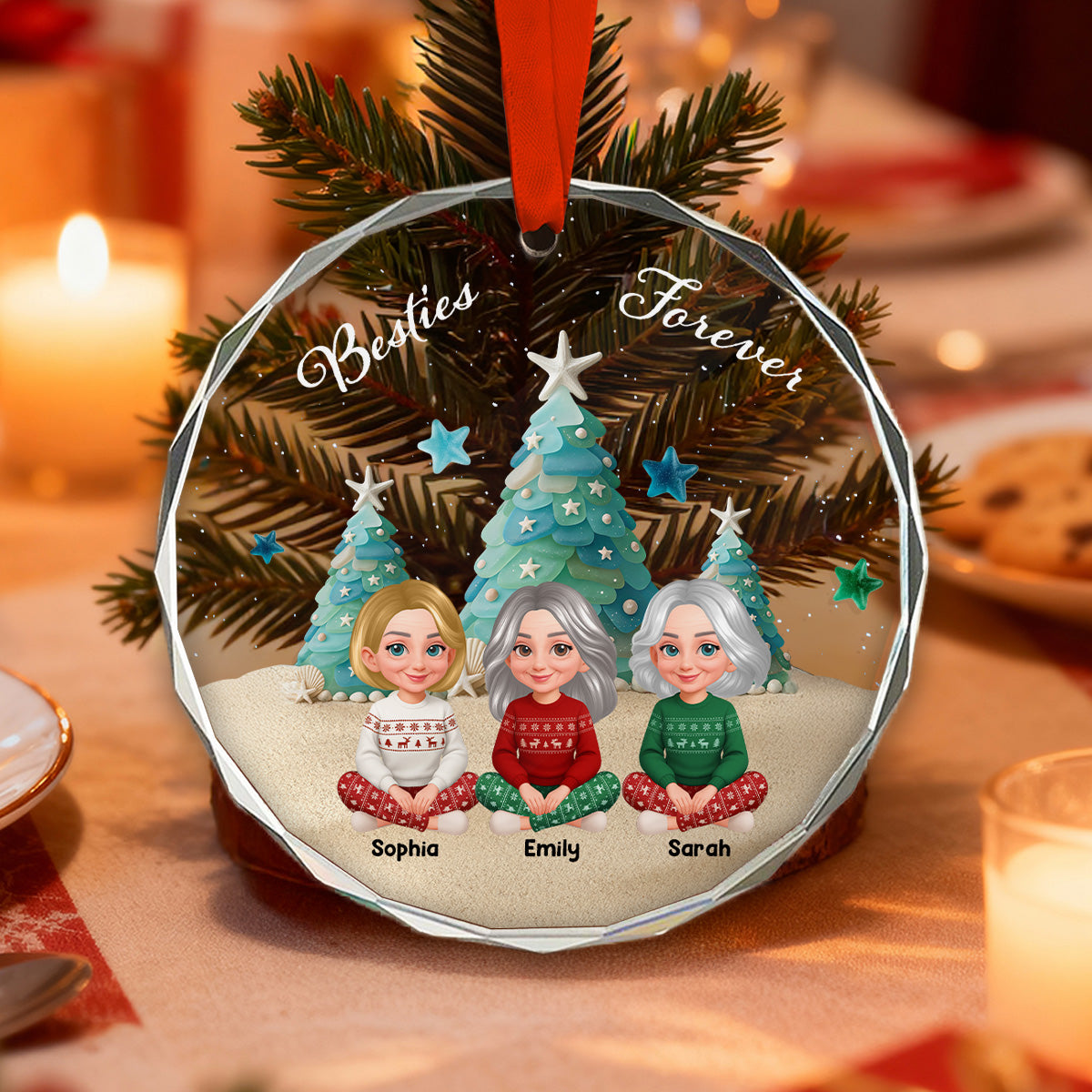 3D Sea Glass Effect Christmas Tree Beautiful Besties Forever - Personalized Glass Ornament - Gift For Best Friends