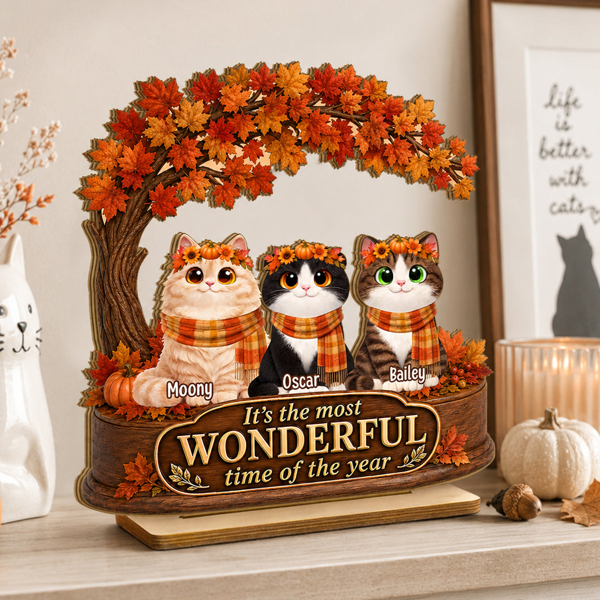 Most Wonderful Time of the Year Cats - Personalized 2-Layered Wooden Plaque - Fall Decor for Cat Lovers