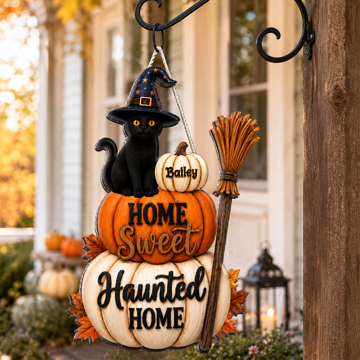 Home Sweet Haunted Home Cat - Personalized Wood Sign - Halloween Decor Gift, Gift For Cat Lovers