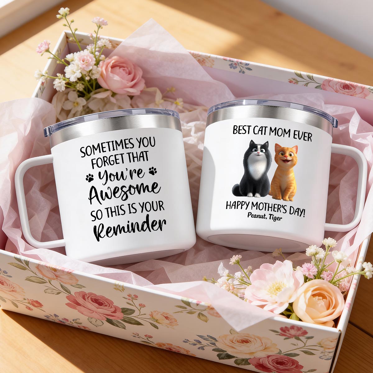 Sometimes You Forget That You're Awesome Cat Mom - Personalized Stainless Steel Tumbler with Handle - Mother's Day Gift For Cat Lovers