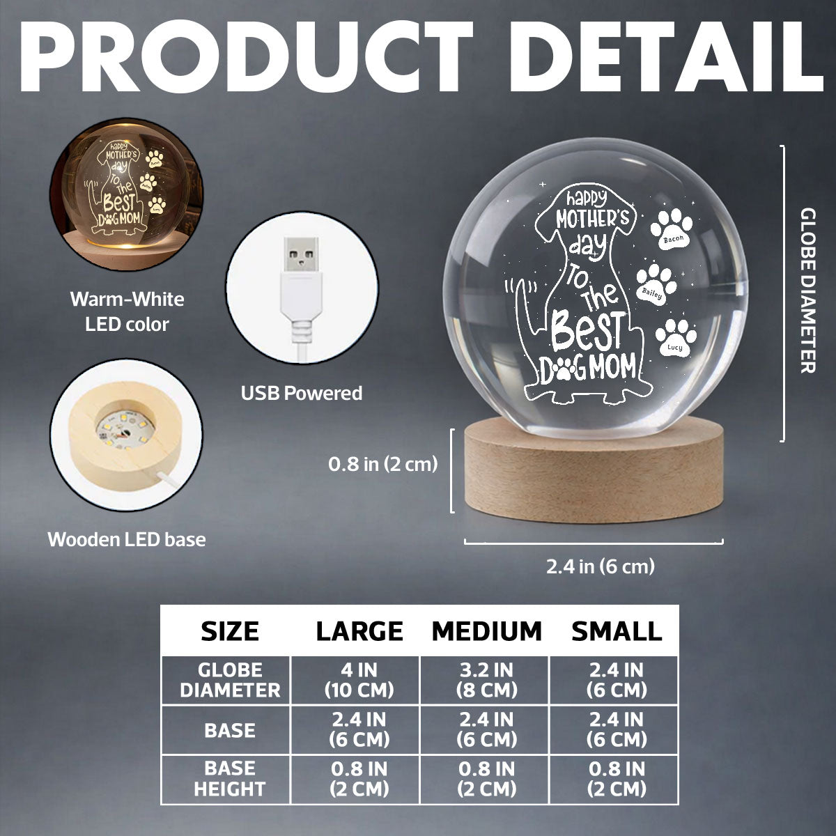 Happy Mother's Day Dog Mom - Personalized Crystal Ball LED Night Light - Heartfelt Mother's Day Gift for Wife