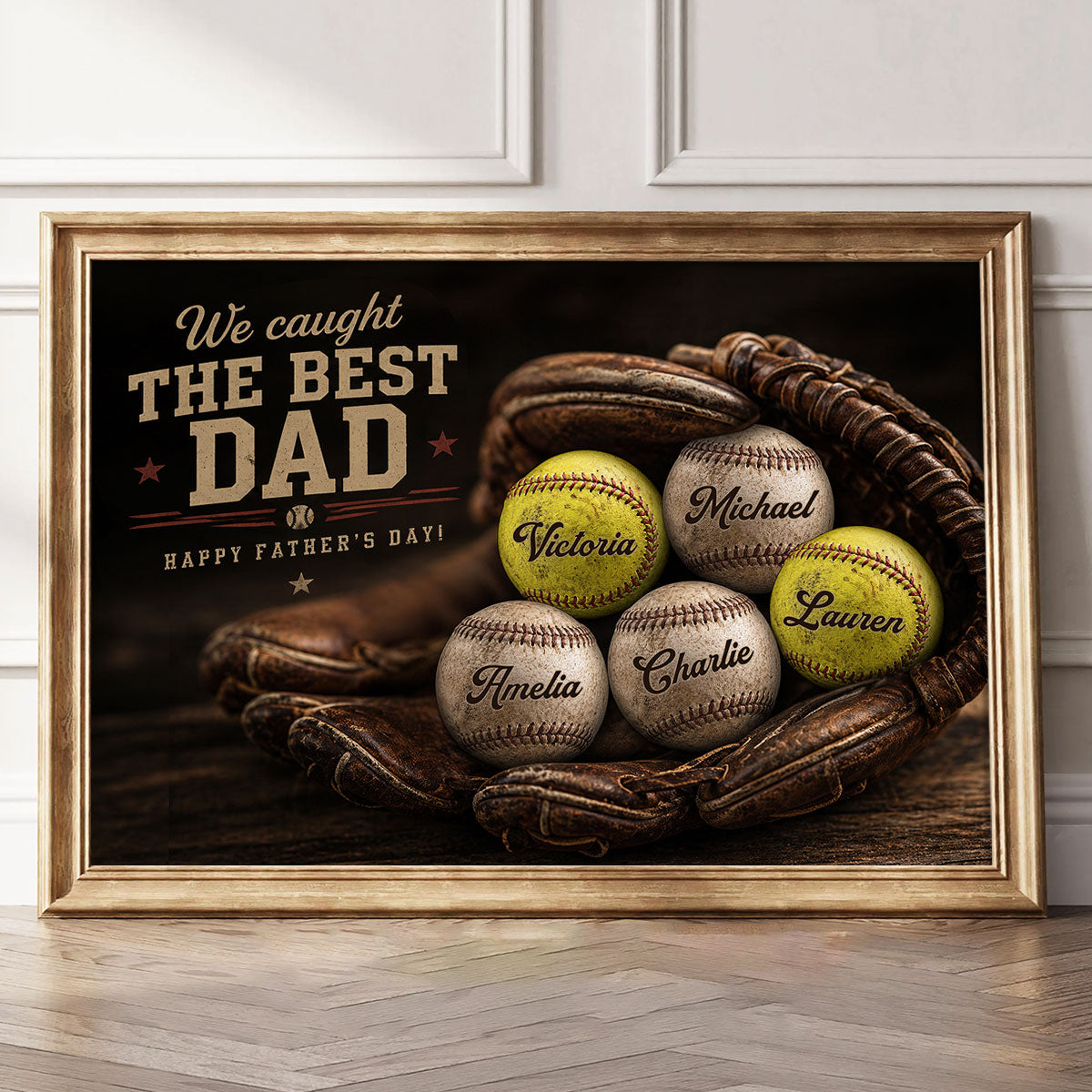 Vintage Baseball Gear We Caught the Best Dad - Personalized Poster - Father's Day Gift for Husband, Dad