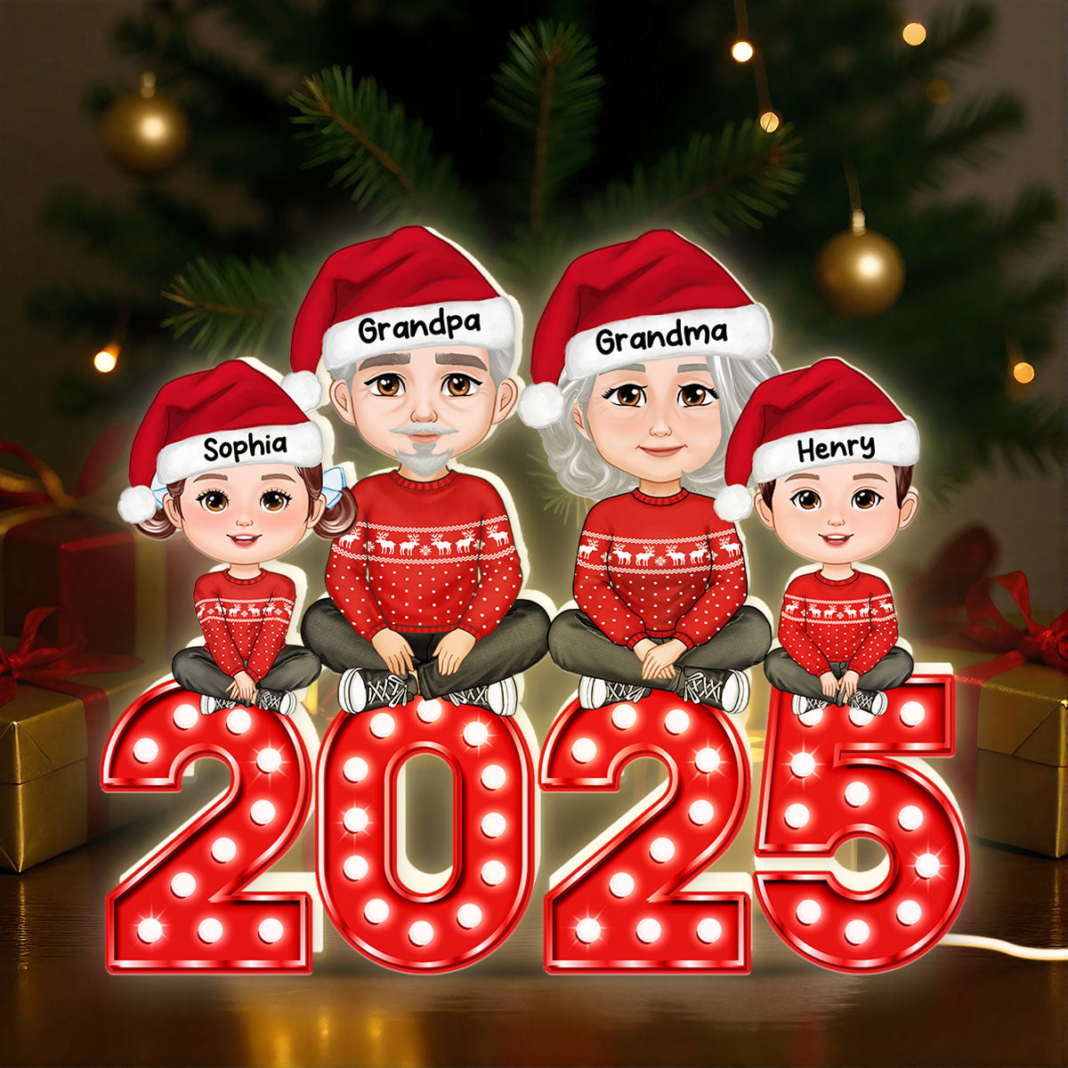 Christmas Grandma Grandpa And Grandkids Marquee Pattern Effect - Personalized Light Box