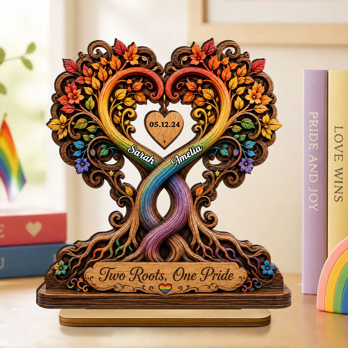Two Roots One Pride LGBTQ+ Couple - Personalized 2-Layered Wooden Plaque - Heartfelt Anniversary Gift for Her, for Him