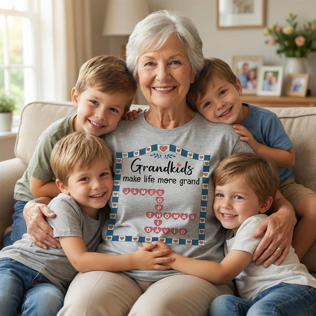 Old School Vintage Grandkids Names Crossword Puzzle Art - Personalized Shirt - Gift For Grandma