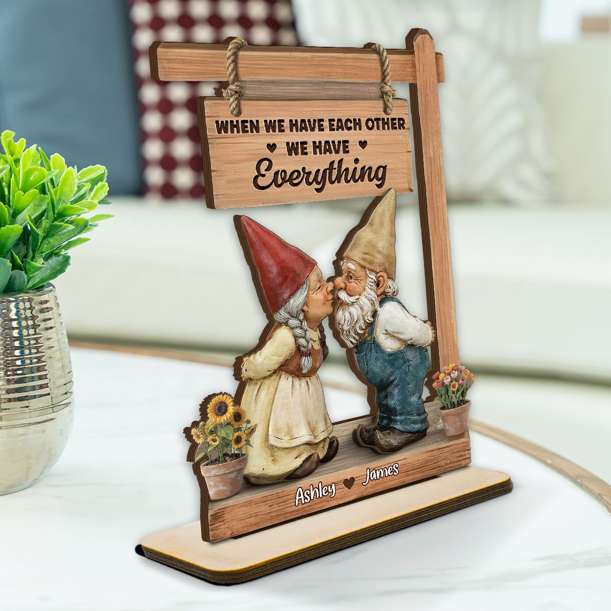 3D Effect Gnome Couple Kissing - Personalized 2-Layered Wooden Plaque - Anniversary, Valentine's Day Gift For Him, Gift For Her
