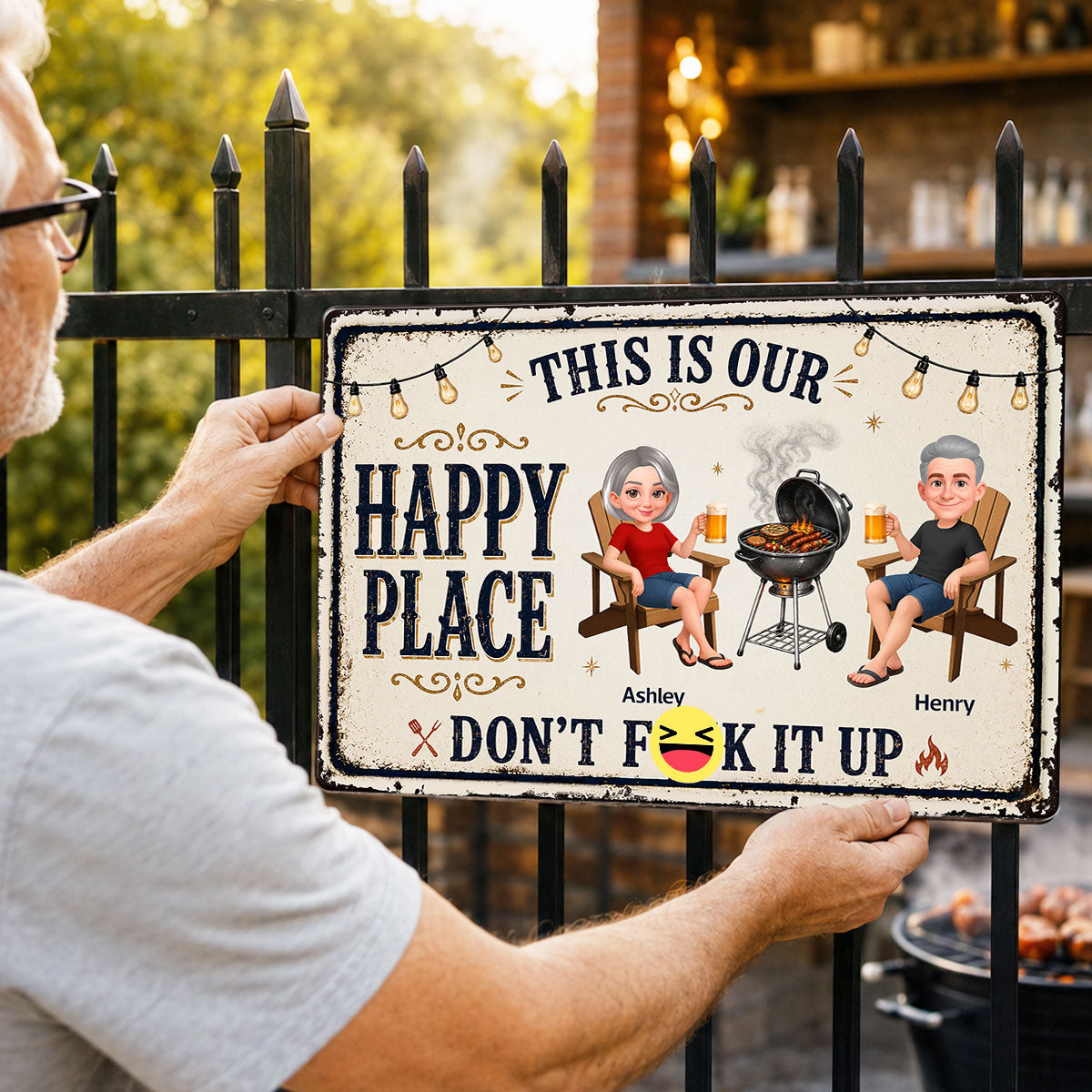 This Is Our Happy Place Backyard Bar Grilling - Personalized Metal Sign - Funny Sarcasm Summer Decoration