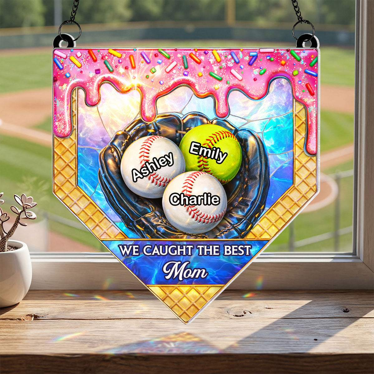 Icecream Drip Baseball We Caught the Best Mom - Personalized Suncatcher - Mother's Day Gift for Mom, Wife