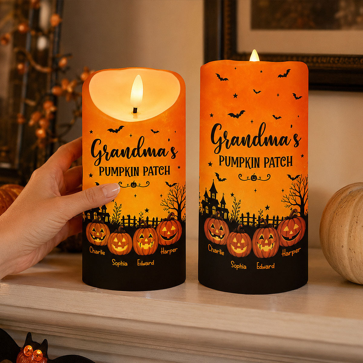 Grandma's Pumpkin Patch Jack-o'-lantern Pumpkins - Personalized LED Candle - Perfect Halloween Decor For Grandma