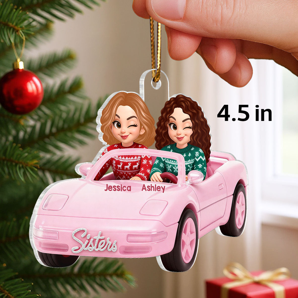 Doll Besties Driving Pink Car - Personalized Acrylic Ornament - Christmas Gift for Besties