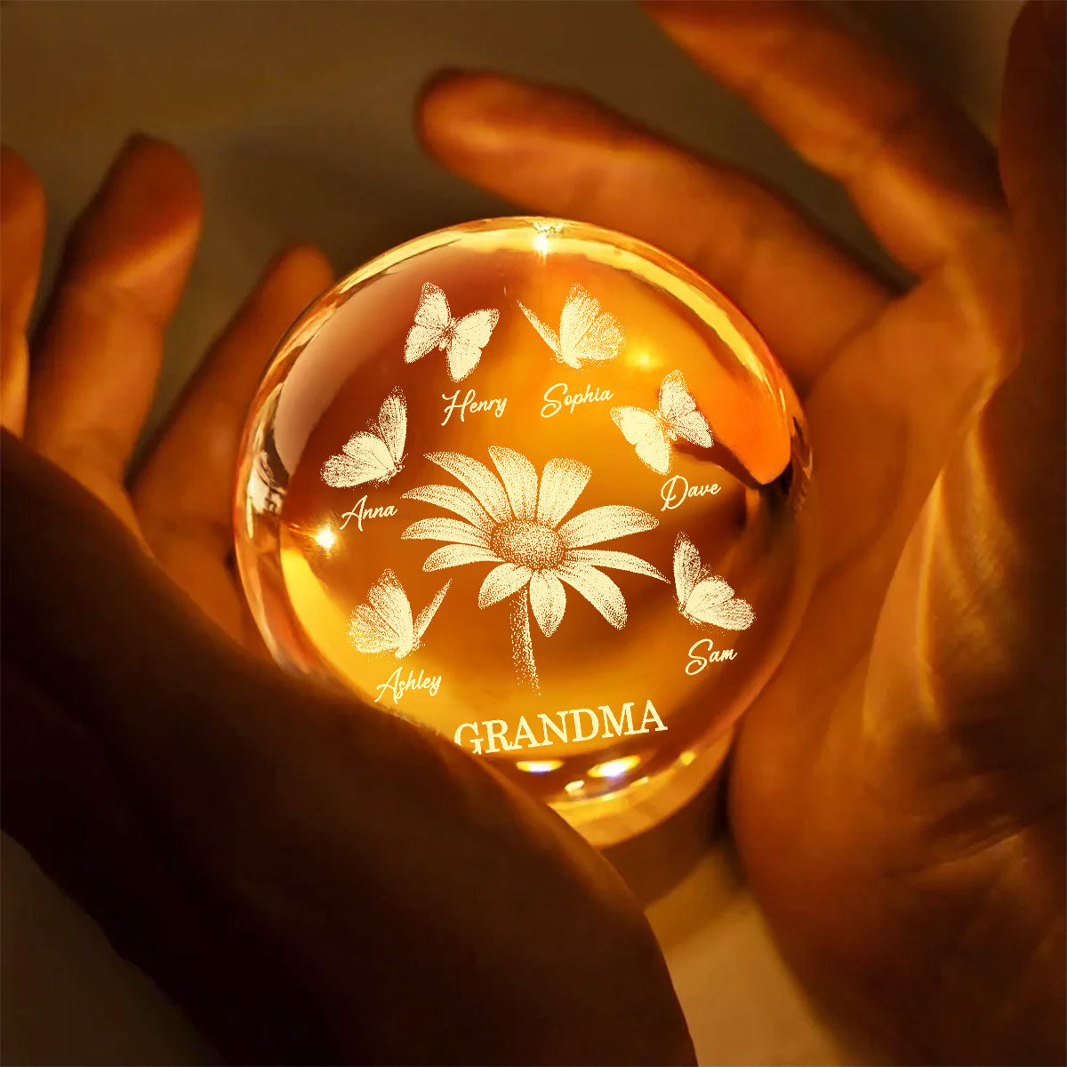 Daisy Flower Butterflies Grandma Grandkids - Personalized Crystal Ball LED Night Light - Mother's Day Gift For Grandma
