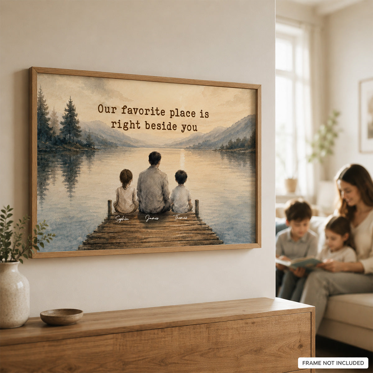 Peaceful Lakeside Dad And Kids Watercolor Style - Personalized Poster
