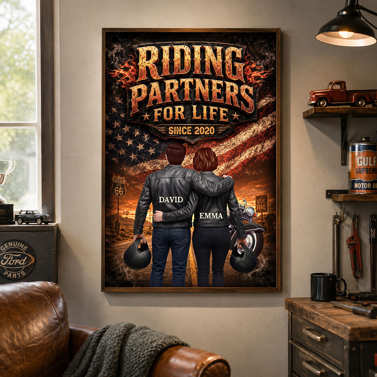 Bikers Couple Riding Partners for Life Nation Flag - Personalized Poster - Heartfelt Gift for Him, for Her