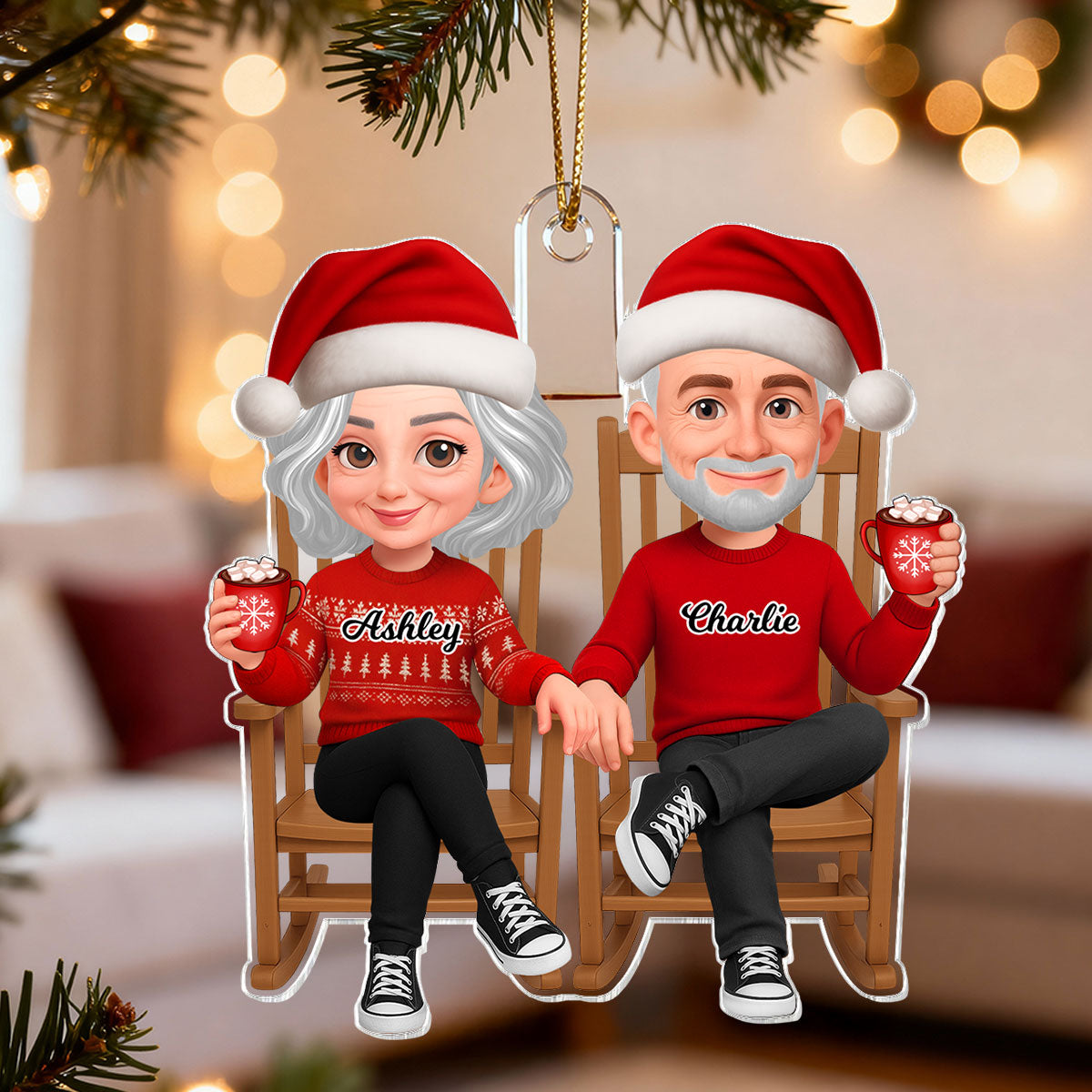 3D Effect Christmas Couple Sitting On Rocking Chair - Personalized Acrylic Ornament - Heartfelt Gift For Couple