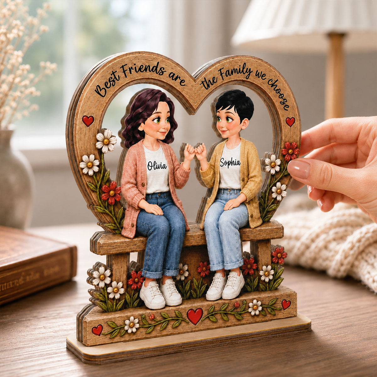 Best Friends Are The Family We Choose Pinky Promise Besties Sitting 2D Flat - Personalized 2-Layered Wooden Plaque - Birthday Gift, Friendship Gift for Best Friends