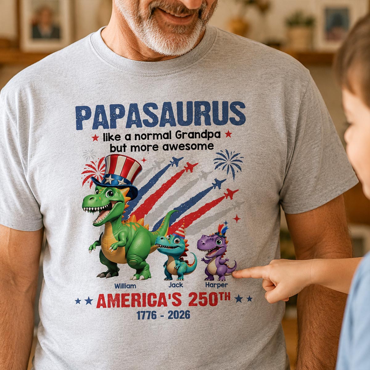 Grandpasaurus And Kids Patriotic Dinosaurs - Personalized Shirt - America's 250th Anniversary Keepsake