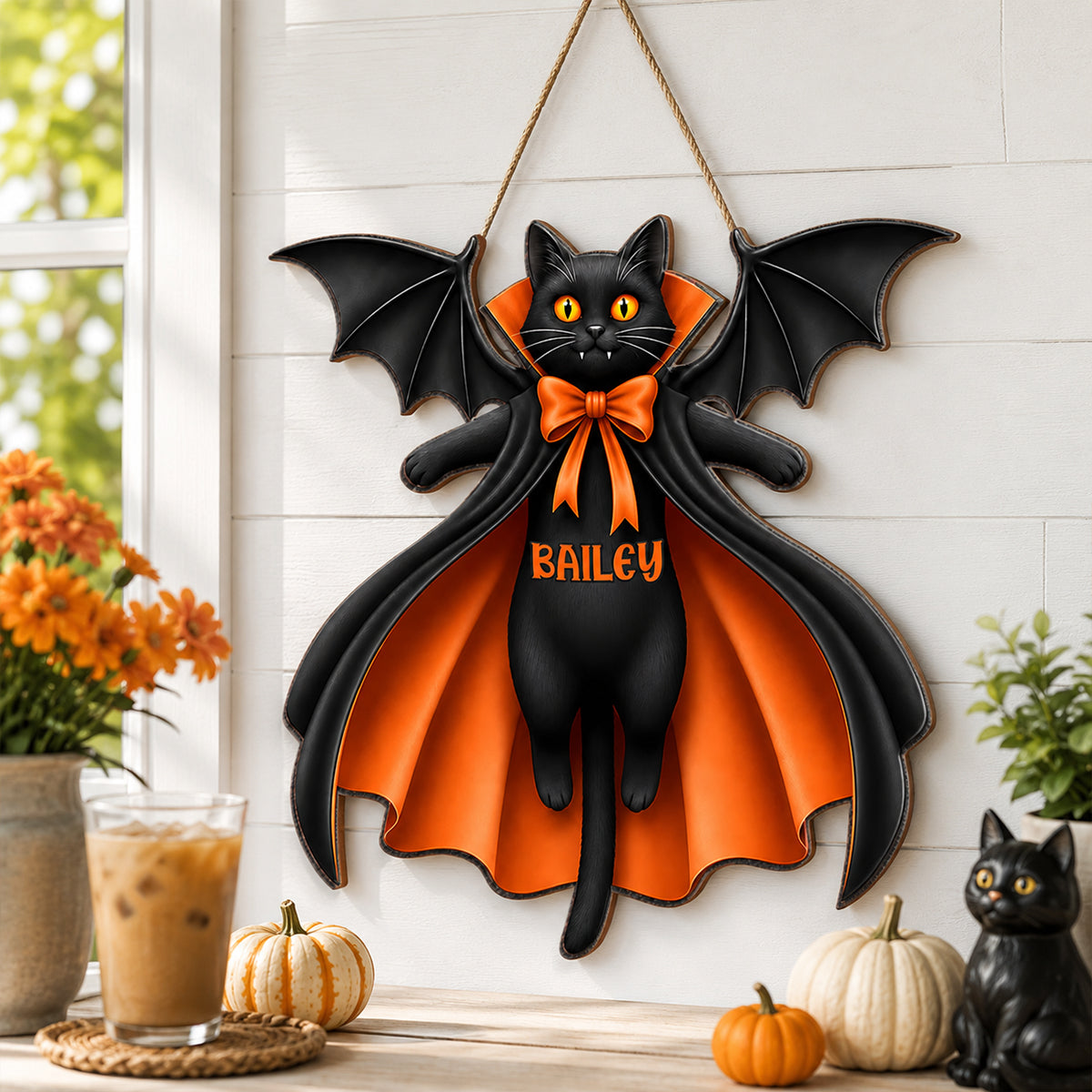 Halloween Cat Vampire - Personalized Wooden Door Sign - Summerween Decor for Cat Lovers