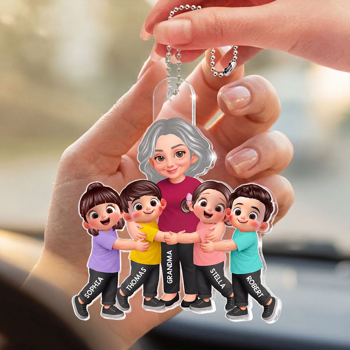 Grandma Grandkids Hugging - Personalized Acrylic Car Hanger - Mother's Day Gift For Grandma, Mom
