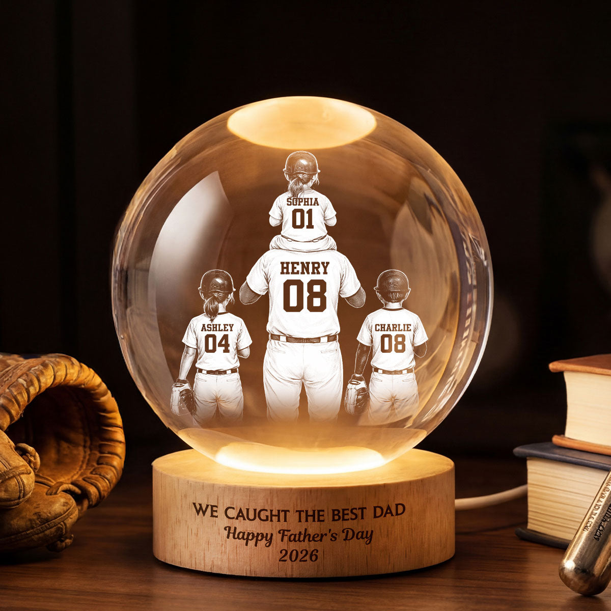 We Caught the Best Dad - Personalized Crystal Ball LED Night Light -  Gift for Dad, Husband