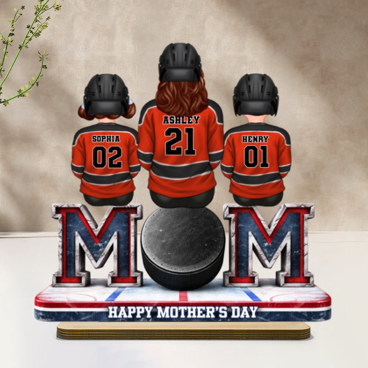 Hockey Mom And Kids Sitting Together - Personalized 2-Layered Wooden Plaque - Mother's Day Gift For Hockey Mom