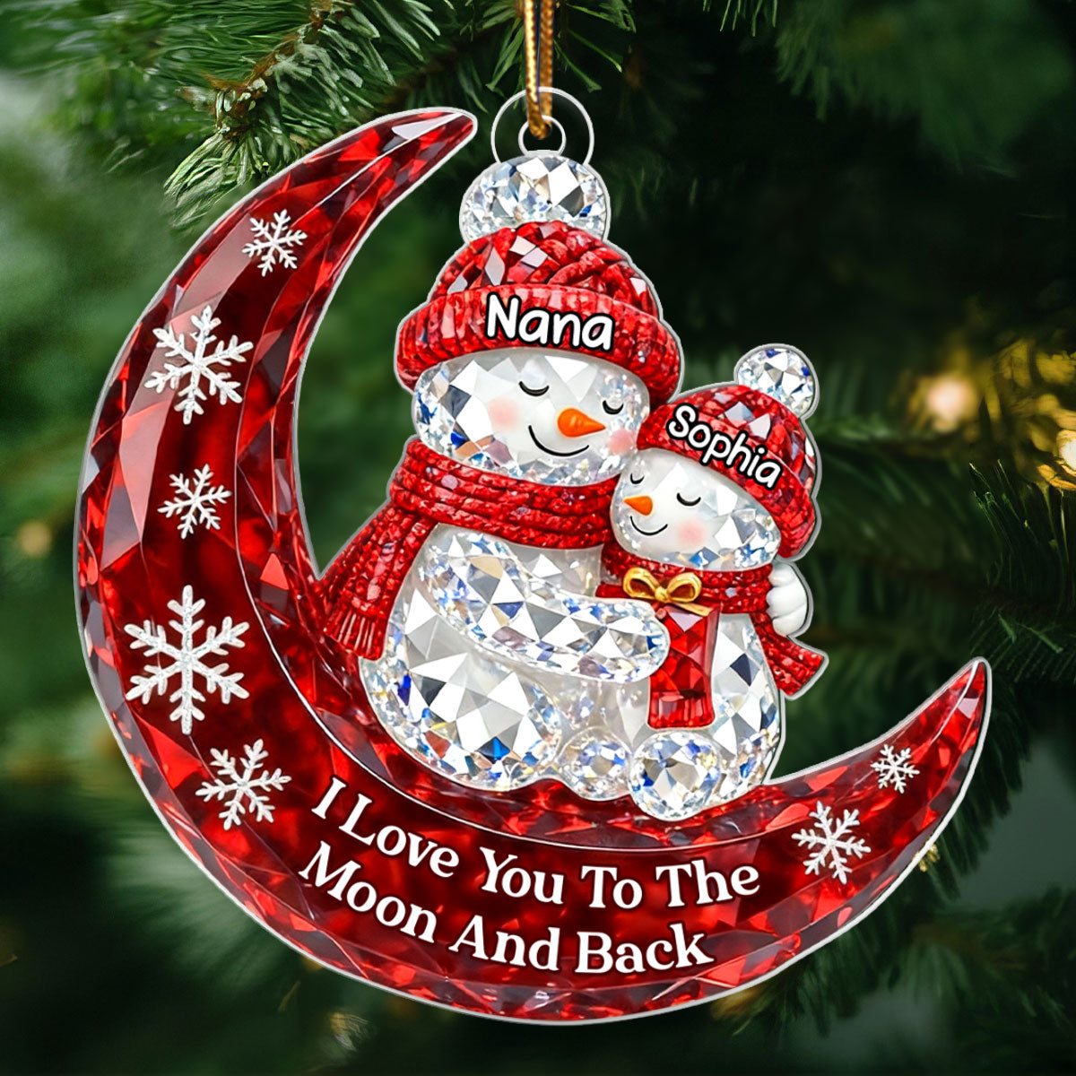 3D Crystal Effect Snowman Grandma Grandkid Love to the Moon - Personalized Acrylic Ornament - Christmas Gift for Grandma, Grandkids