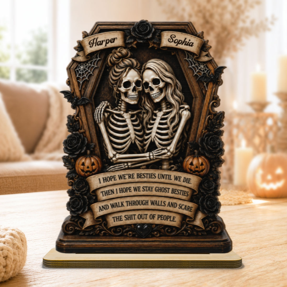 Skeleton Besties In Coffin Friends Until We Die 2D Flat - Personalized 2-Layered Wooden Plaque - Funny Work Bestie Gift, Halloween Keepsake For Best Friends