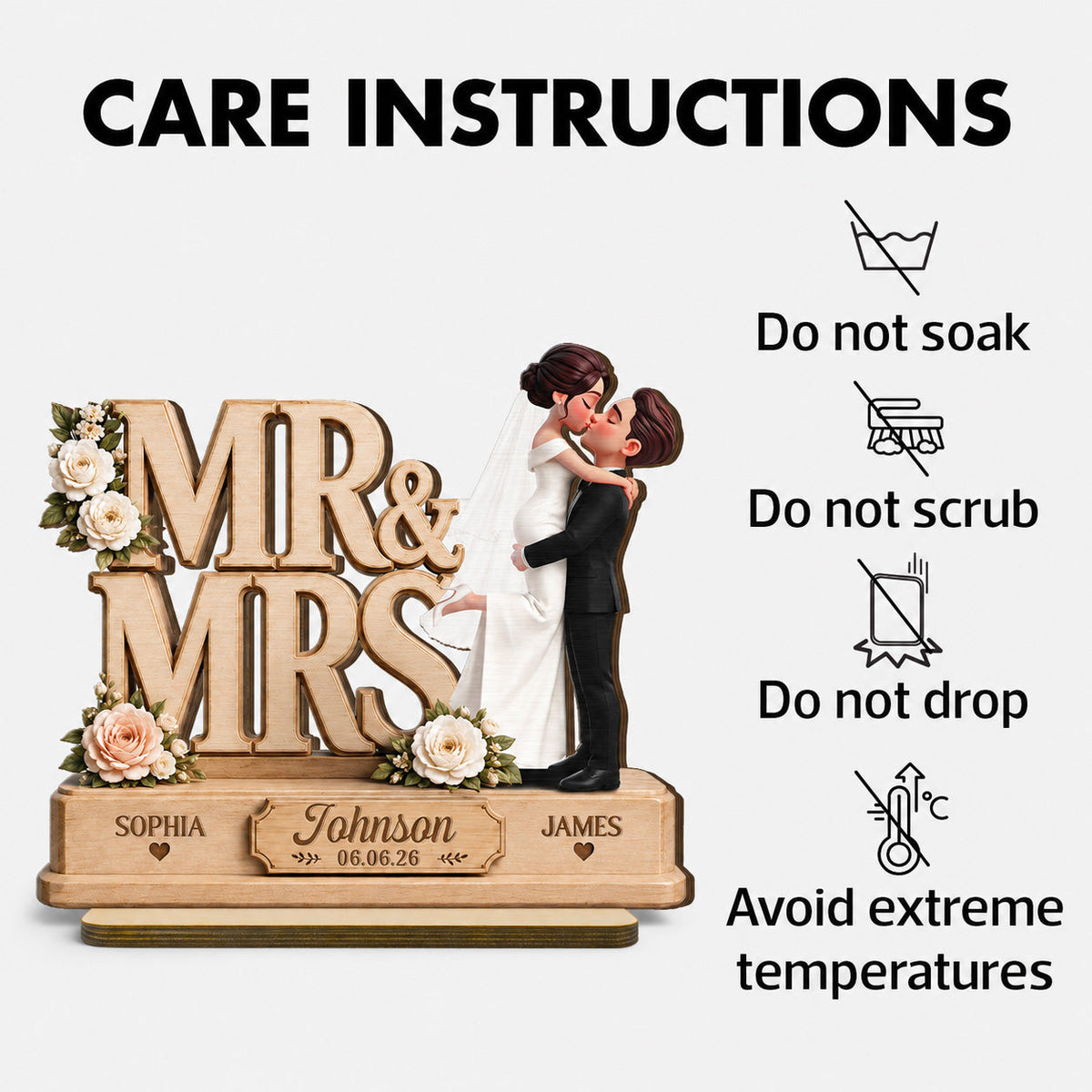 Mr & Mrs 2D Flat - Personalized Wooden Plaque - Wedding Gift, Wedding Decoration, Anniversary Gift, Newlywed Gift