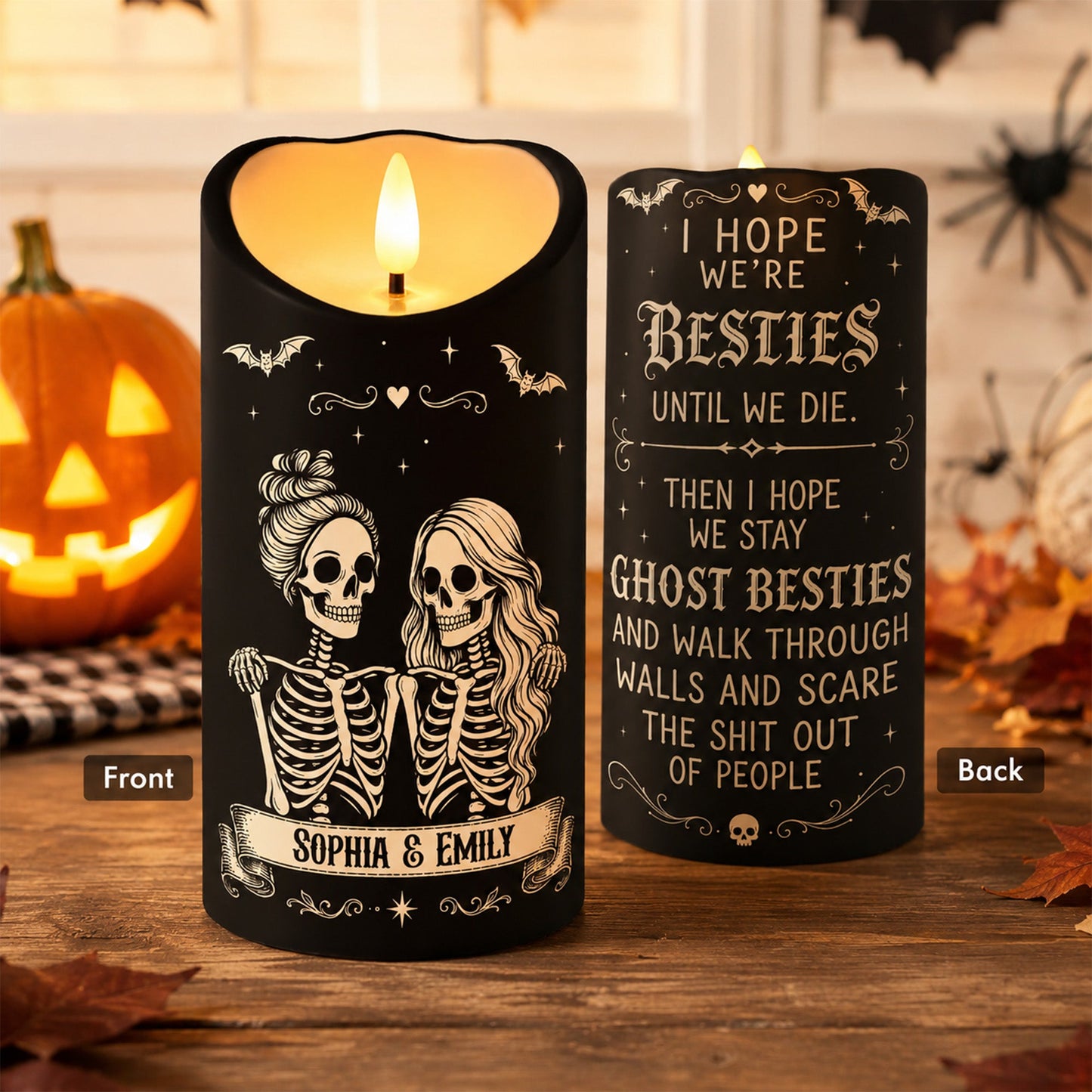 Skeleton Besties Until We Die - Personalized LED Candle - Funny Work Bestie Gift, Halloween Keepsake For Best Friends