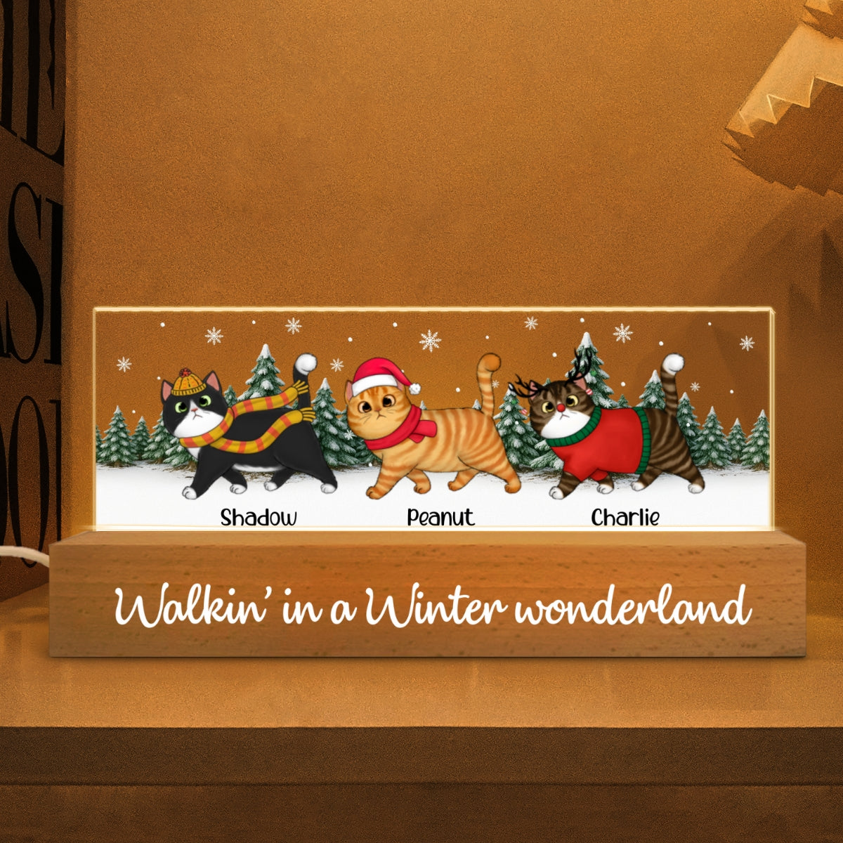 Christmas Cats Walking In A Winter Wonderland - Personalized Acrylic Block Plaque LED Night Light