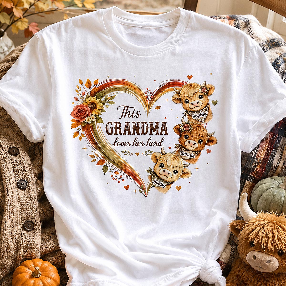 Grandma Herd Heart Highland Cow - Personalized Shirt - Cozy Fall Shirt for Grandma