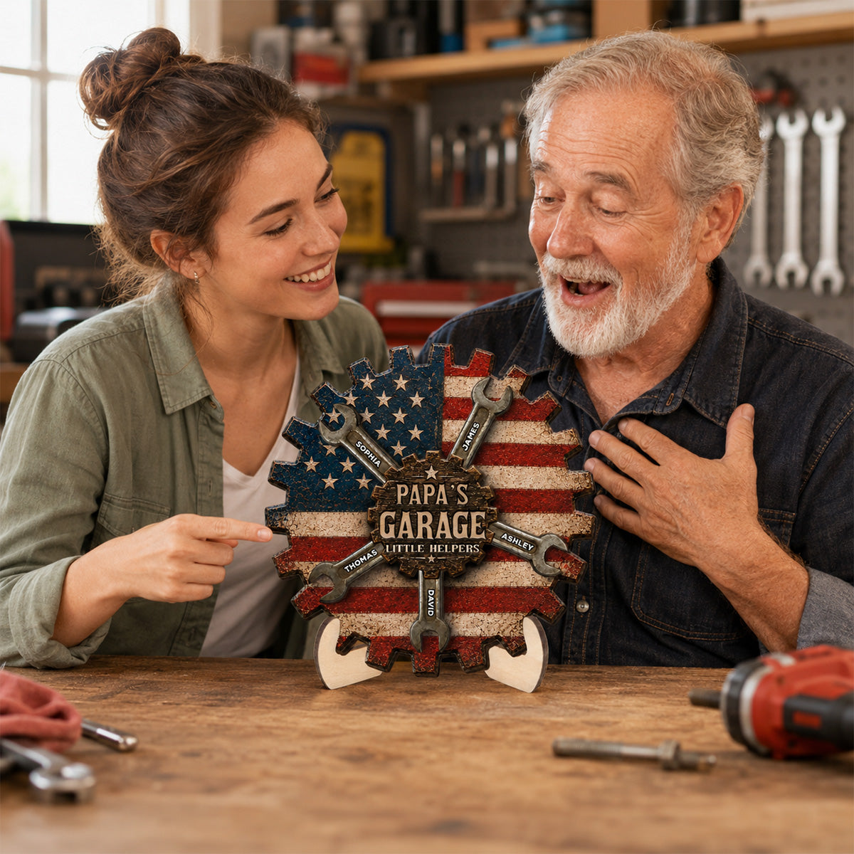 Rustic Workshop Little Helpers Nation Flag Theme 2D Flat - Personalized 2-Layered Wooden Plaque -  Gift For Patriotic Mechanic Dad, Grandpa