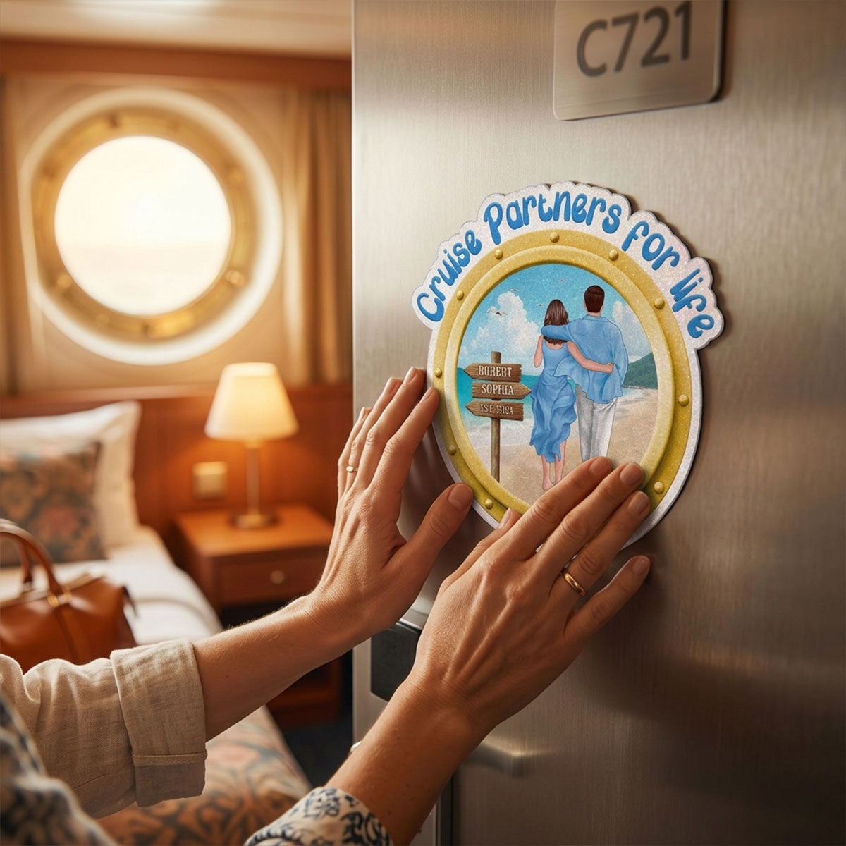 Cruise Partners For Life Porthole Couple Walking At Beach - Personalized Cruise Ship Door Magnet