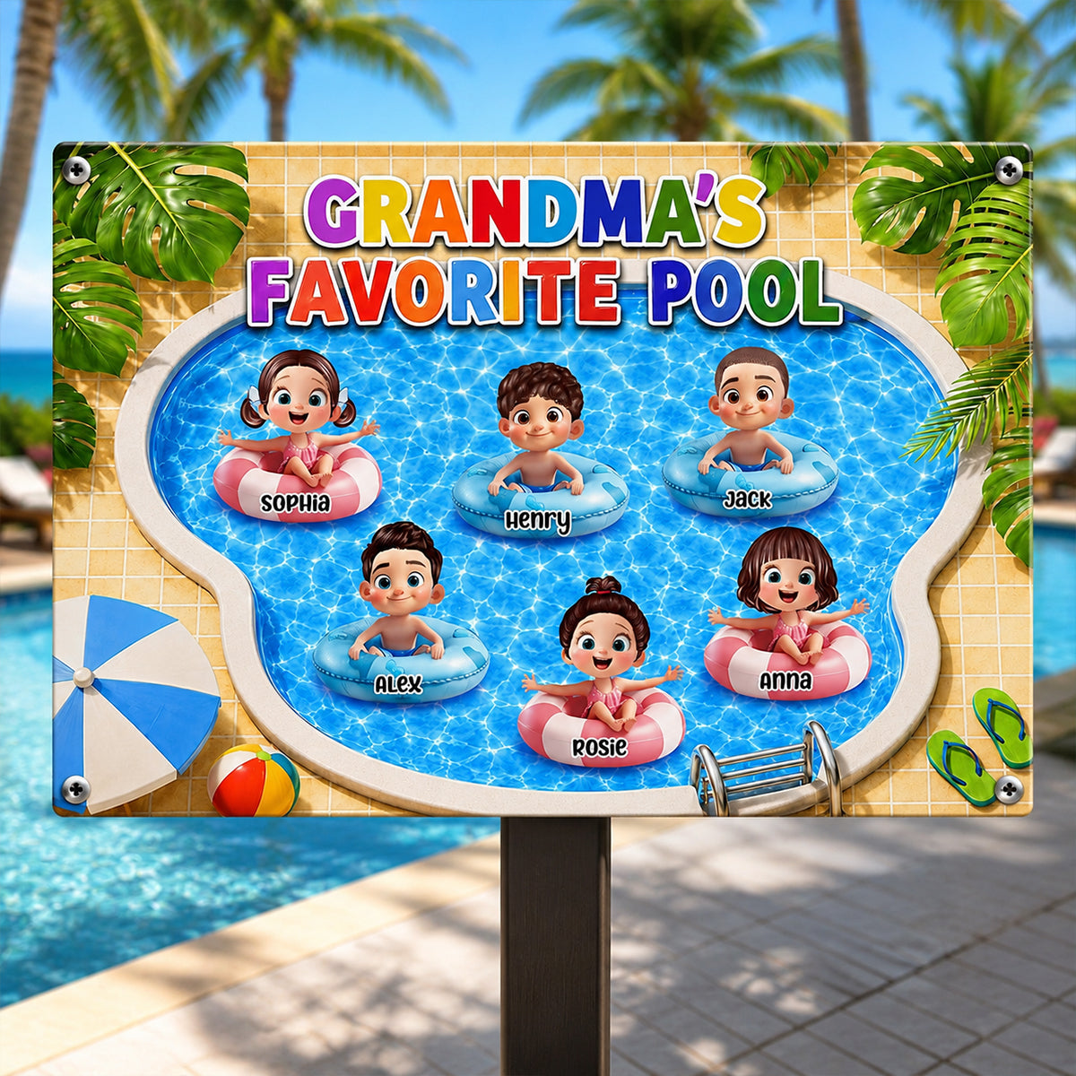 Grandma's Favorite Pool - Personalized Metal Sign - Summer Decor Gift for Grandma, Mom, Wife