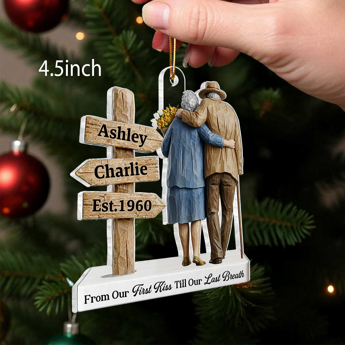 3D Effect Wooden Old Couple Sign Post - Personalized Acrylic Ornament - Heartwarming Christmas Gift For Him, For Her, For Couple