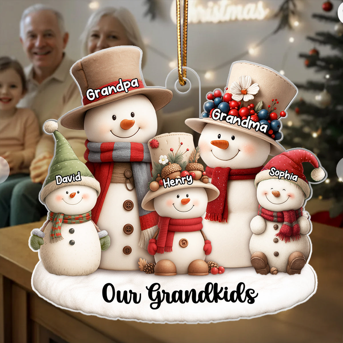 Whimsical Snowman Christmas Grandparents with Grandkids - Personalized Acrylic Ornament - Chritsmas Gift for Grandma, Grandpa