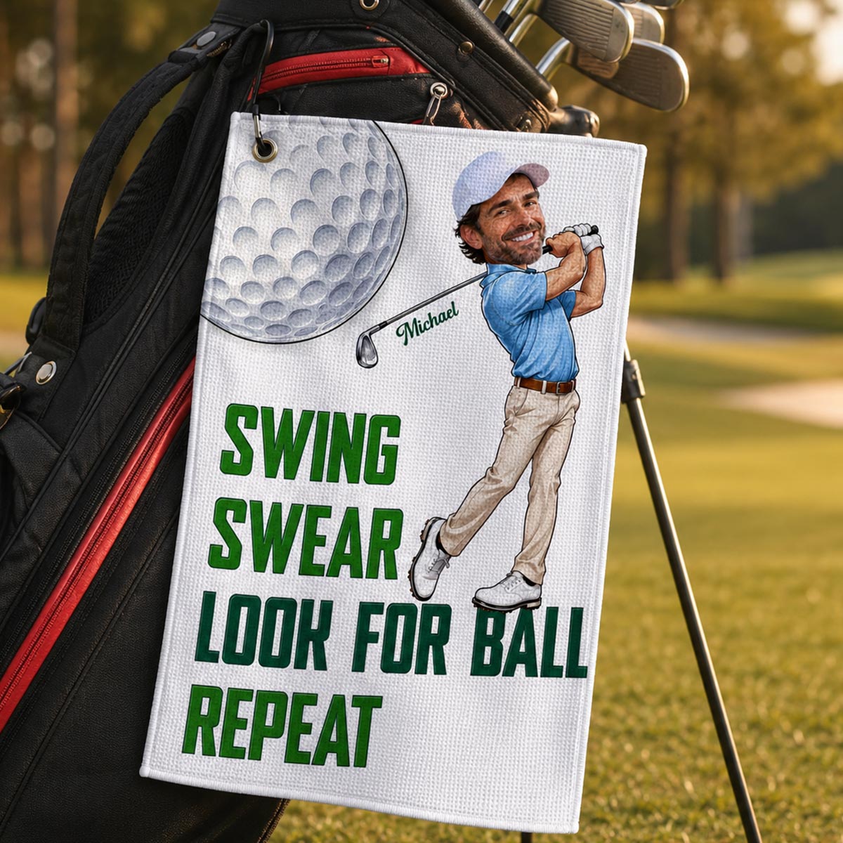 Swing Swear Look For Ball Repeat Funny Golfer Caricature Style Custom Photo - Personalized Golf Towel - Father's Day Gift For Golfers
