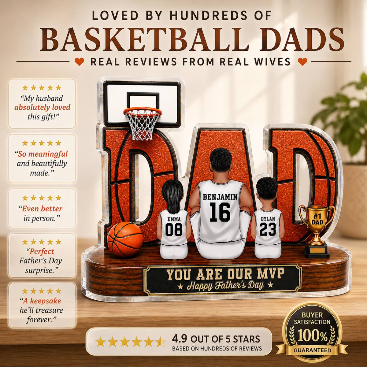 Basketball Dad Legend Daddy's Dream Team 2D Flat Printed- Personalized Acrylic Block Plaque -  Gift For Dad, Husband, Basketball Fans
