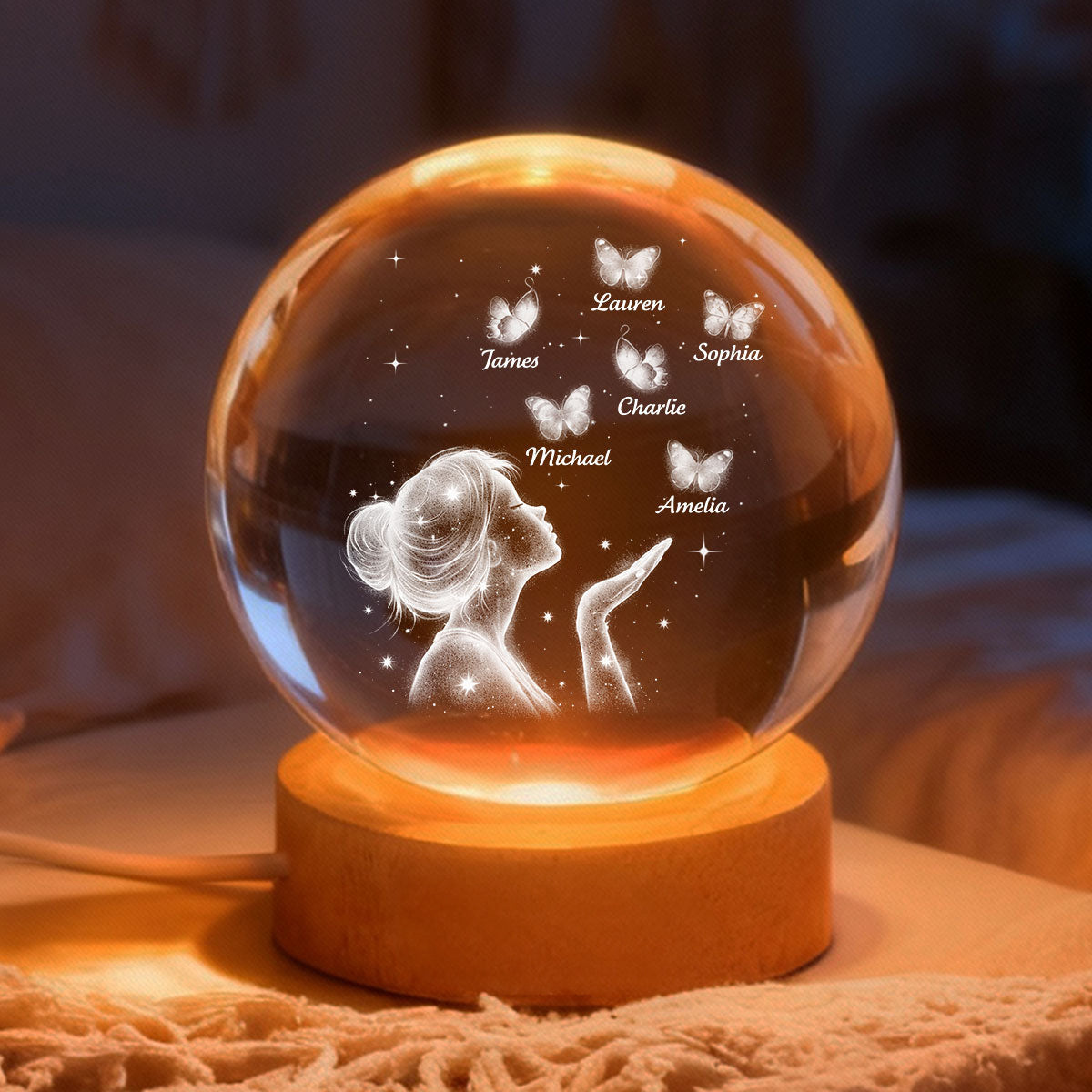 Grandma Mom Butterflies Kiss - Personalized Crystal Ball LED Night Light - Sentimental Gift for Grandma, Mom