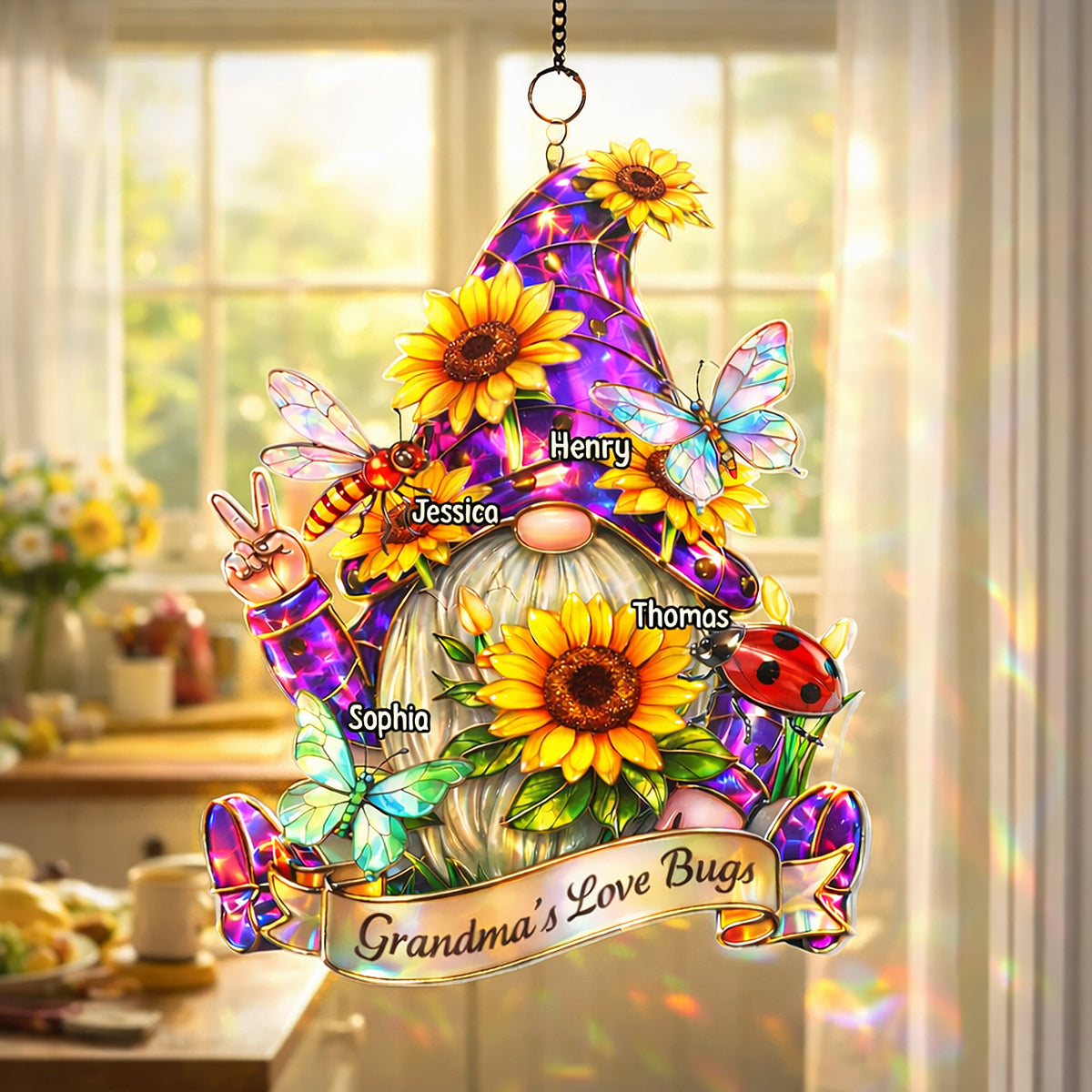 Grandma Love's Bugs Gnome - Personalized Suncatcher Ornament - Heartfelt Mother's Day Gift for Grandma