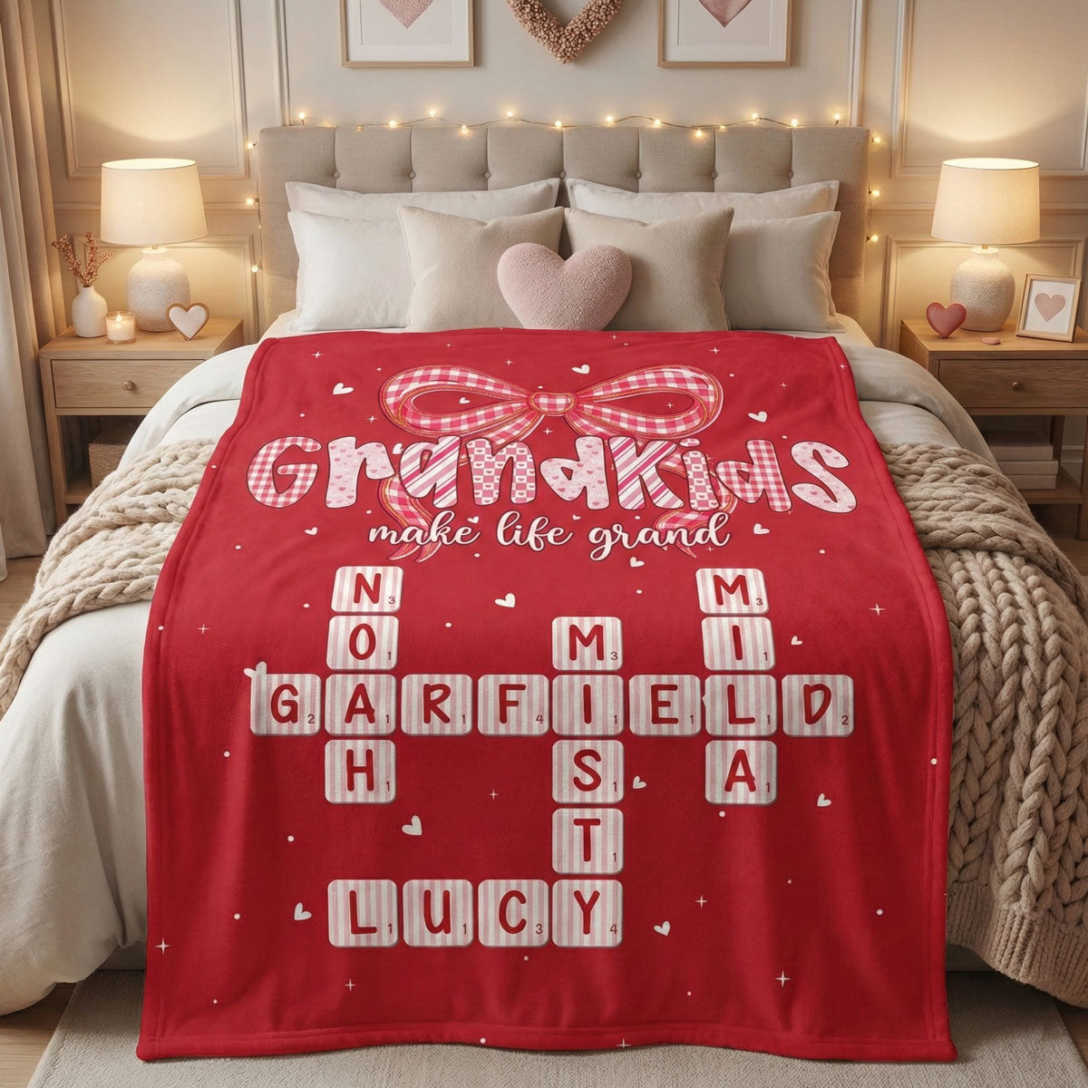 Grandkids Make Life Grand Preppy Valentine Pattern Crossword Puzzle Art - Personalized Fleece Blanket - Valentine's Day Gift For Grandma