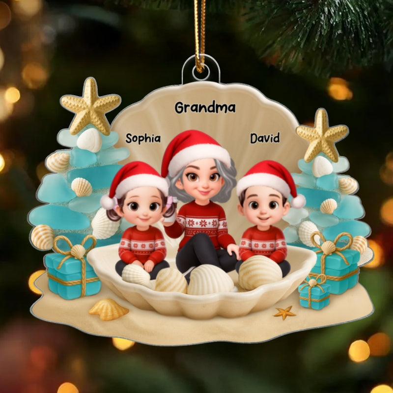 Grandma Grandkids 3D Beach-Inspired Sea Glass - Personalized Acrylic Ornament - Christmas Gift for Grandkids, Grandma