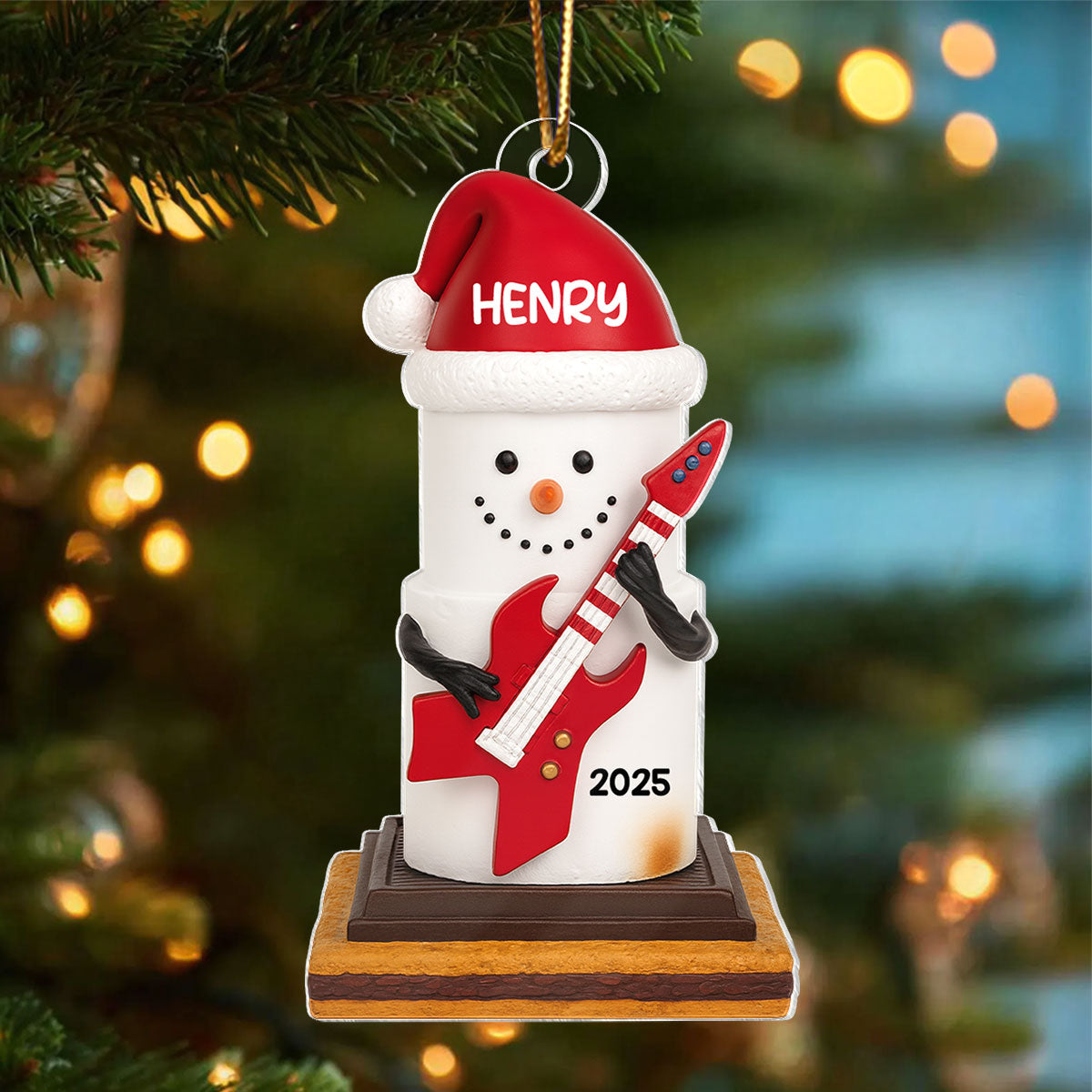 Snow Man Playing Guitar On Chocolate and Cracker - Personalized Acrylic Ornament-  Gift for Guitar Lovers