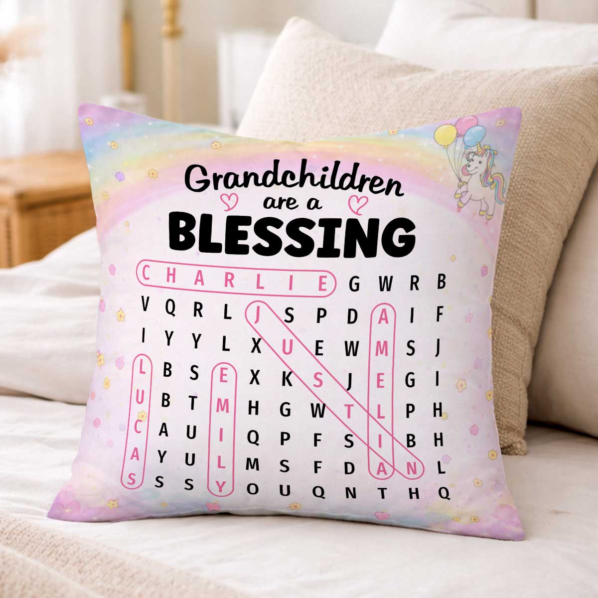 Grandchildren Are A Blessing Word Search Puzzle - Personalized Pillow - Heartfelt Gift for Grandma