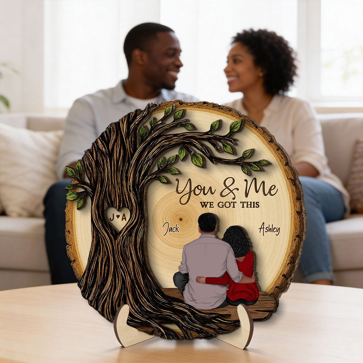 Couple Sitting Back View Under Heart Carved Tree - Personalized 2-Layered Wooden Plaque - Valentine's Day Gift For Couple