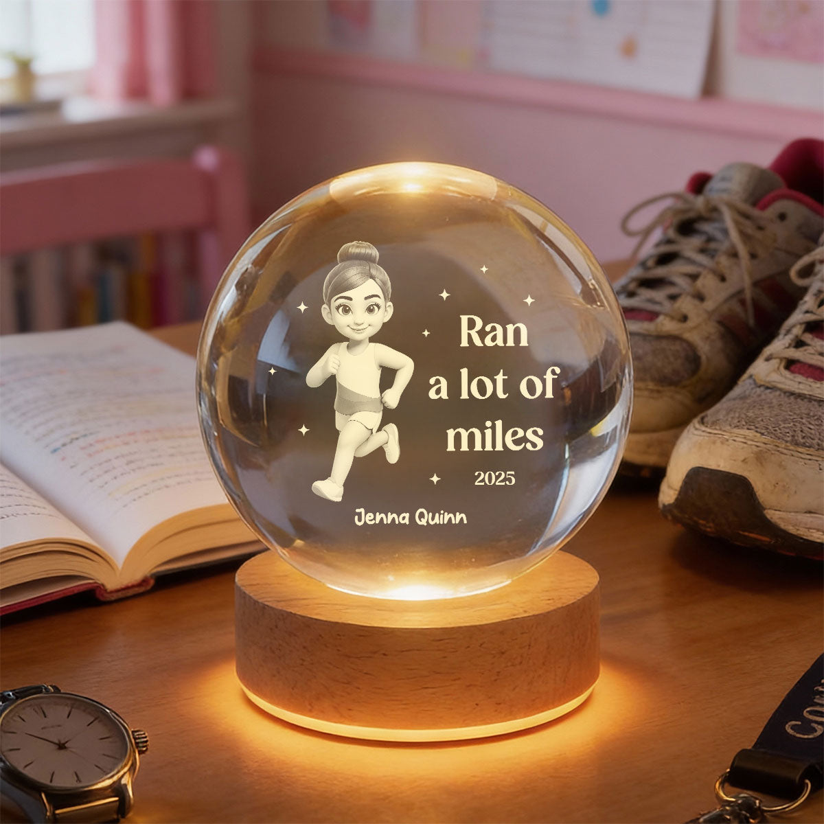 Ran A Lot Of Miles Running Boy Girl - Personalized Crystal Ball LED Night Light - Gift for Marathon Runner, Track Senior Night Gift