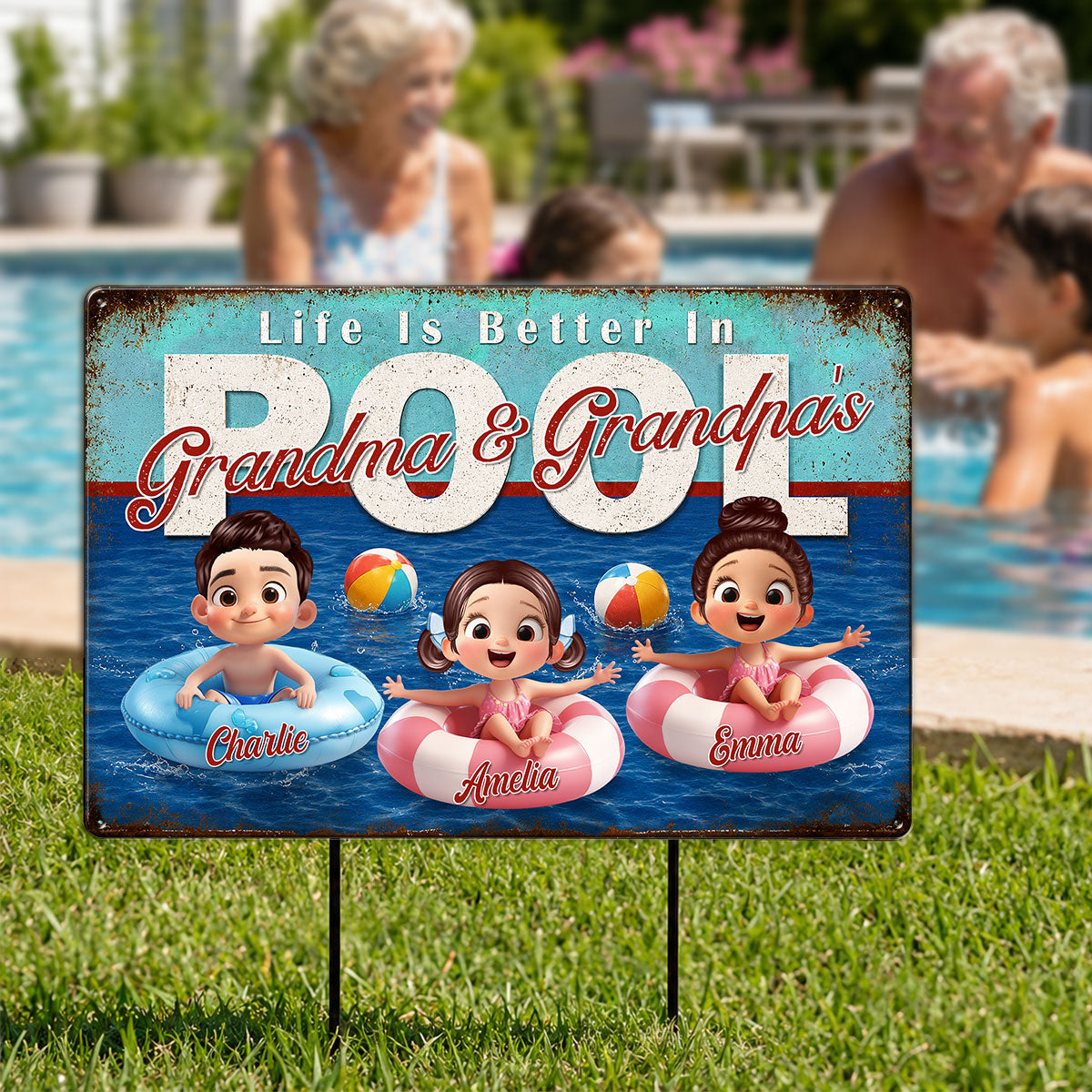 Life is Better in Grandma Grandpa's Pool - Personalized Metal Sign - Summer Decor Gift for Grandma, Grandparents