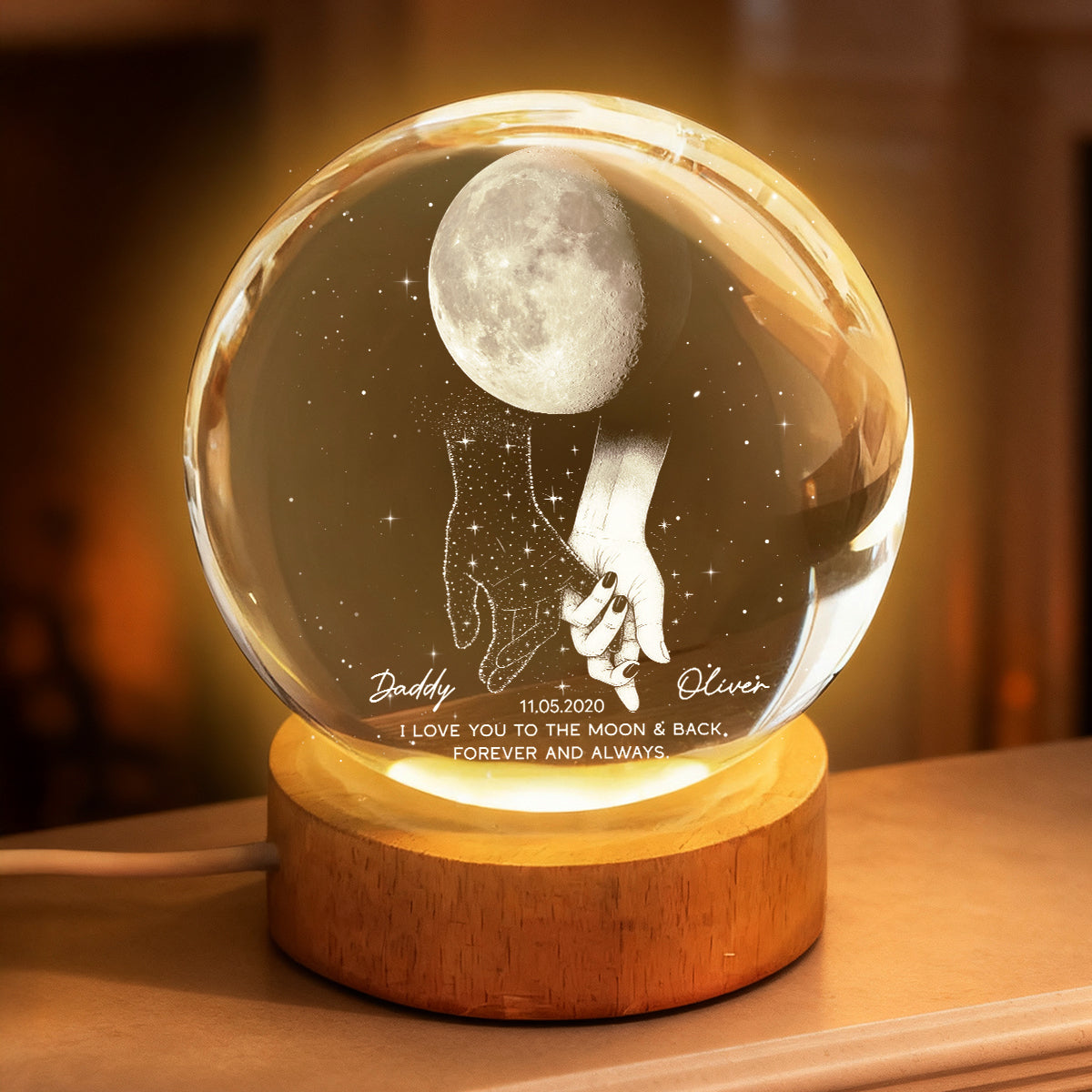 Lost Loved One Holding Hands Moon Phase Galaxy Art - Personalized Crystal Ball Night Light - Memorial Sympathy Gift